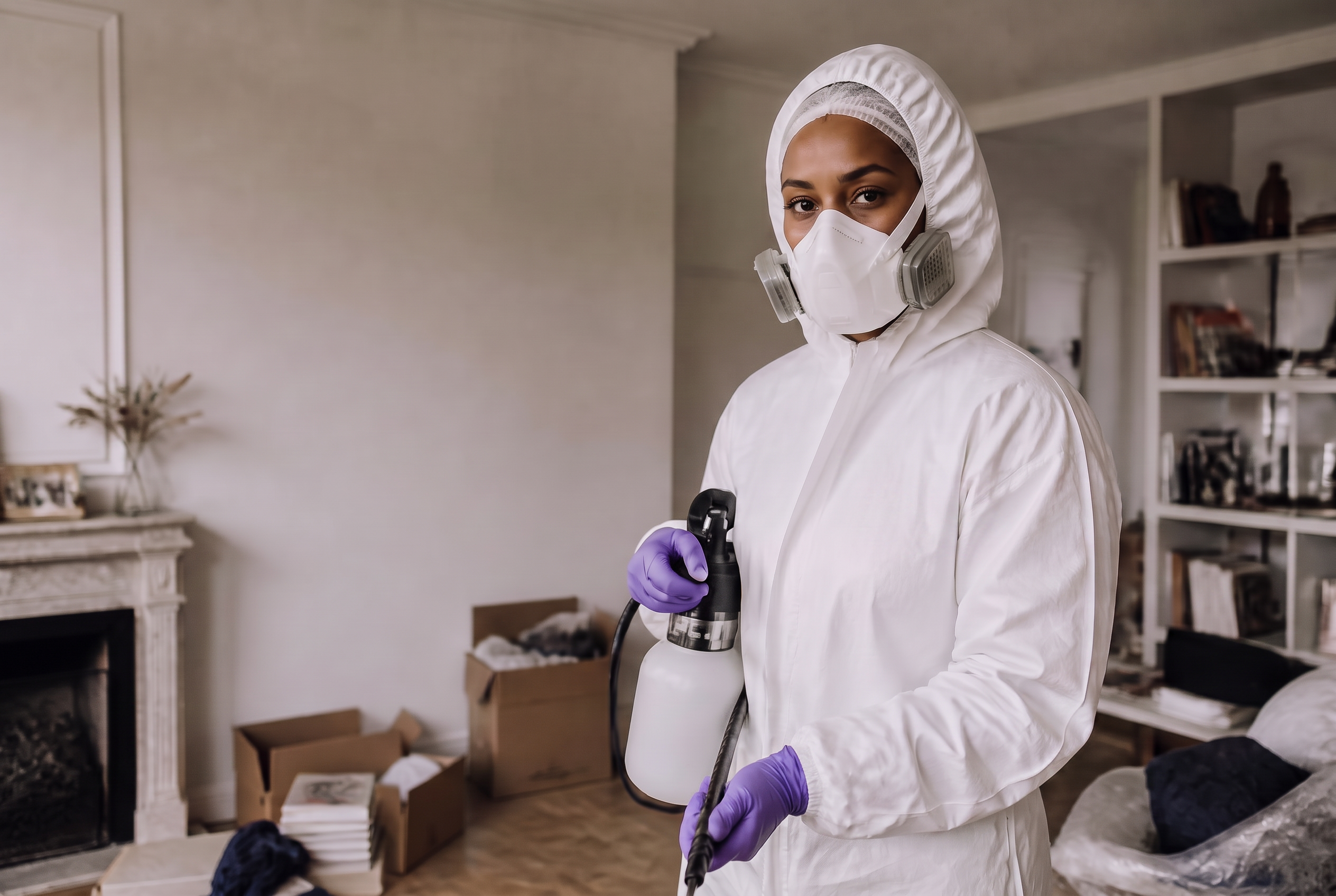 Technicienne LUMÉA en combinaison blanche, bonnet et masque de protection, intervenant dans un logement en cours de remise en état